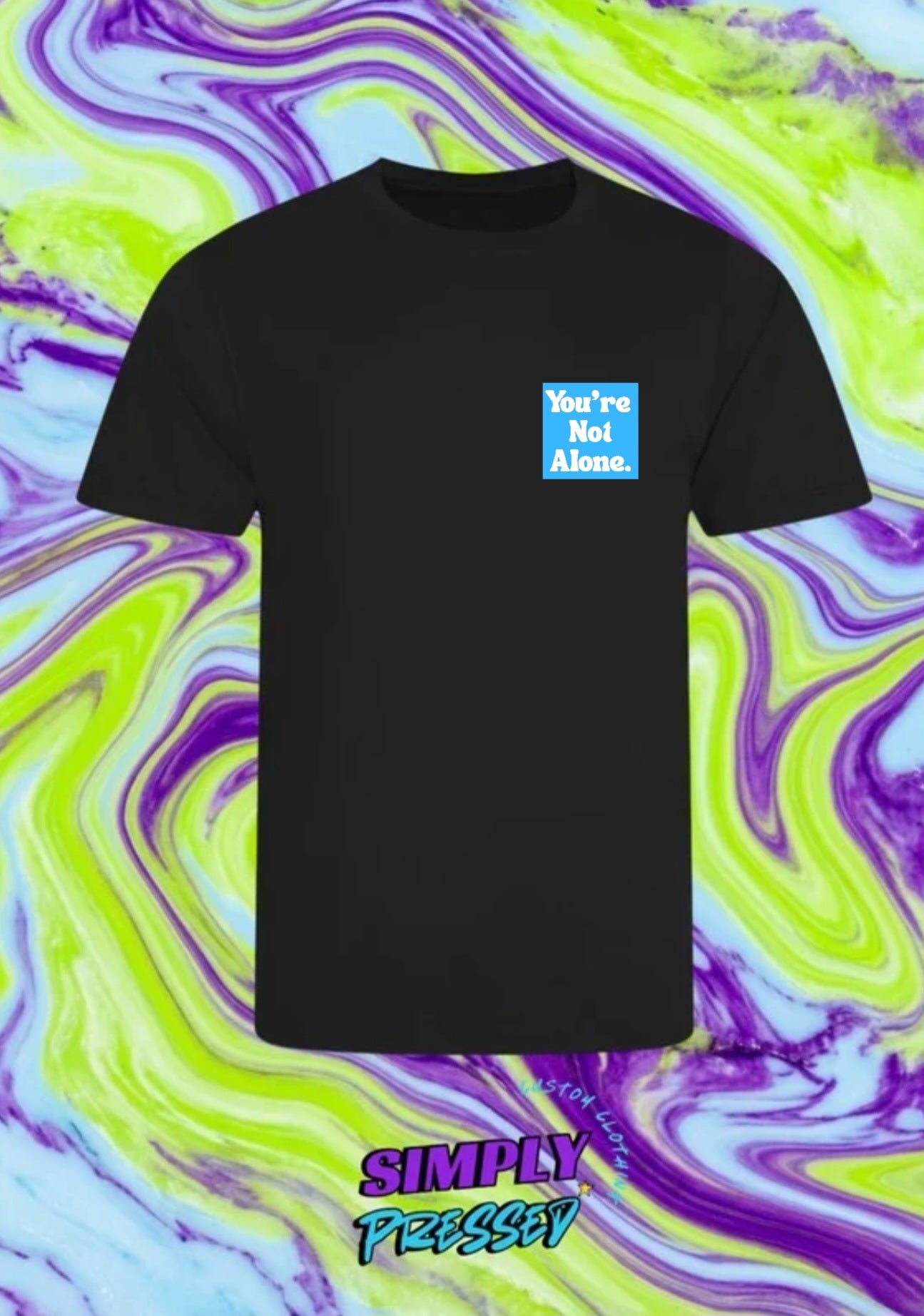 Positive Vibes "You're Not Alone" Blue/White on Black Print Tshirt